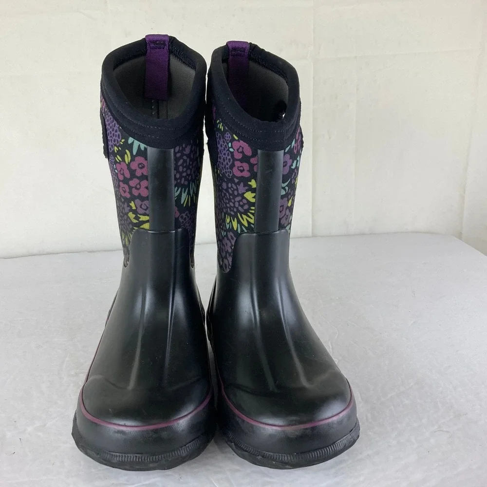 Bogs Rain Snow Boots Girls 11 Black Purple Floral Waterproof‎ Insulated Winter